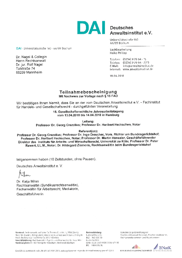 Gesellschaftsrechtliche Jahresarbeitstagung  (April / Hamburg)